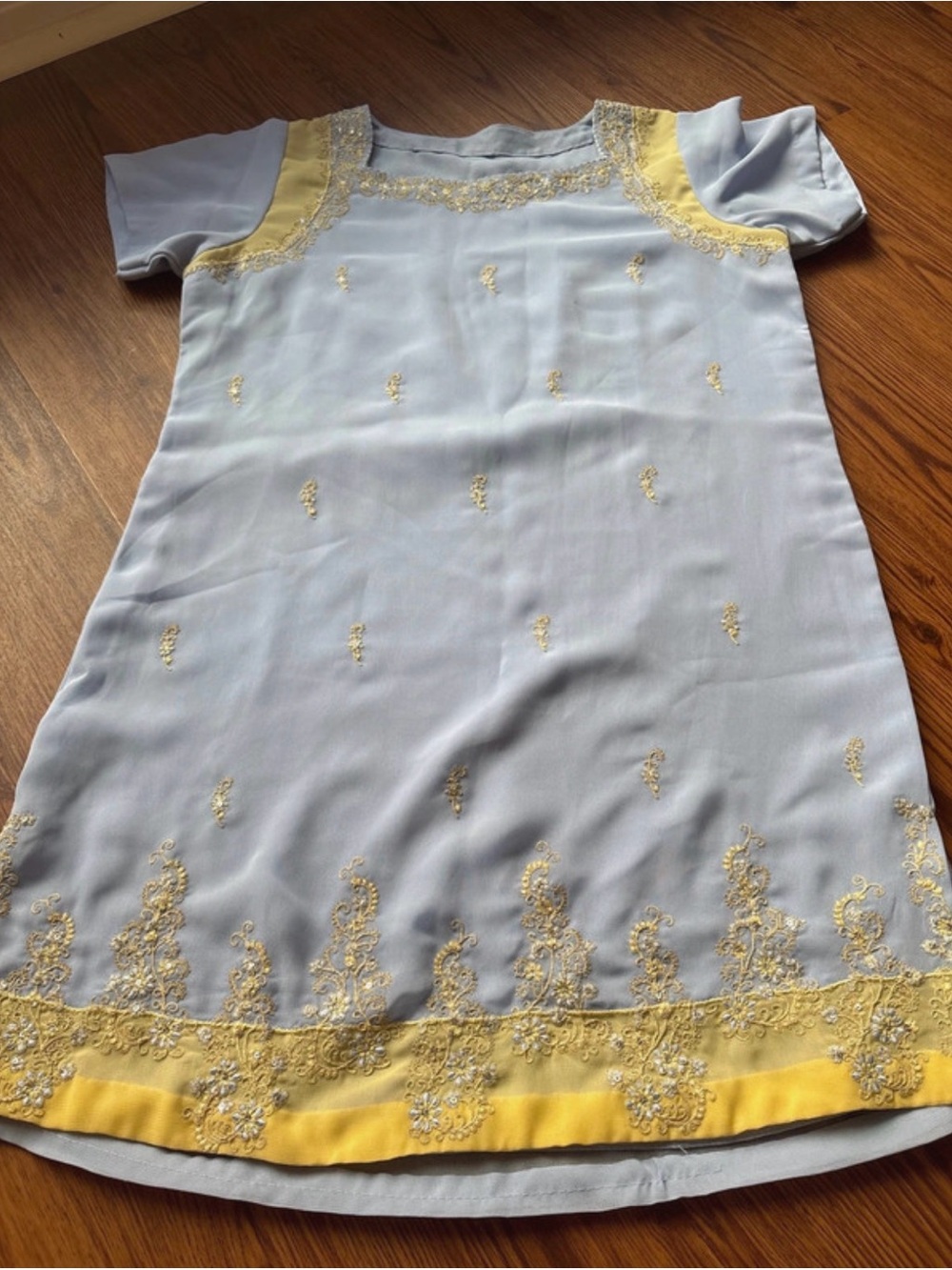 Boutique Pastel Blue & Yellow Embroidered Kurti Tunic Dress - Size S
